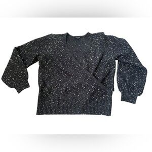 Violets & Roses Black Gold Metallic Sparkle Wrap Bishop Long Sleeve Sweater Top